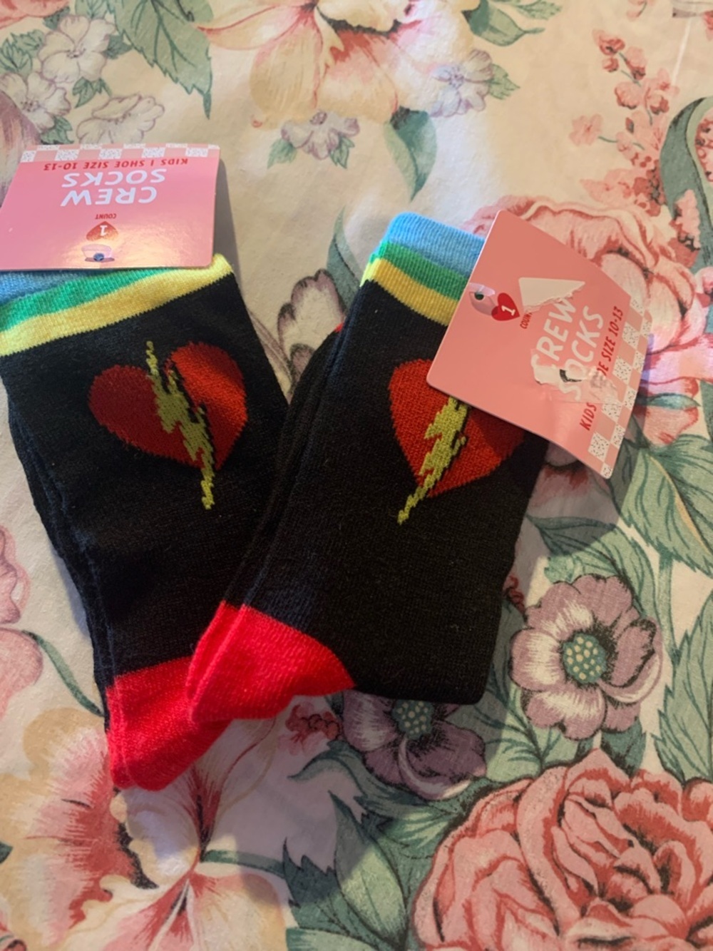 Kids Black Heart & Lightning Crew Socks with Red Toe Bundle Of 2 Size 10-13